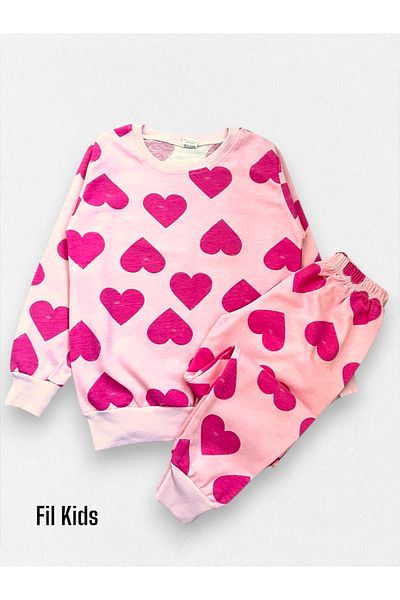 Fil Kids Girl's 100% Cotton Pink Heart Patterned Long Sleeve Seasonal Pajama Set