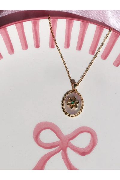 Reorah Collection Flower Shaped Steel Necklace with Pearls and Stones