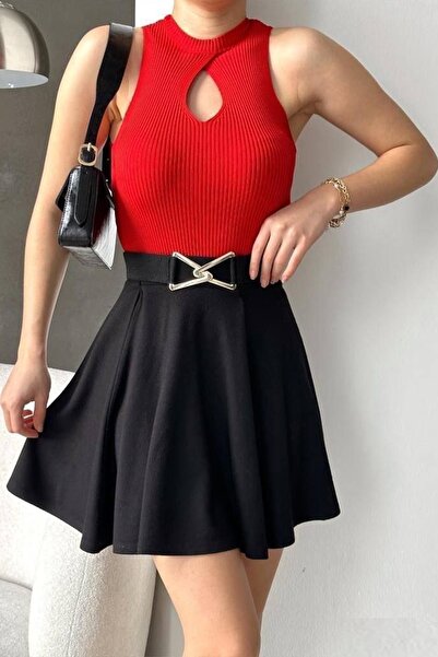 bayansepeti Red Knitwear Fabric Stand Collar Drop Low-Cut Detail Collar Basic Blouse 0285