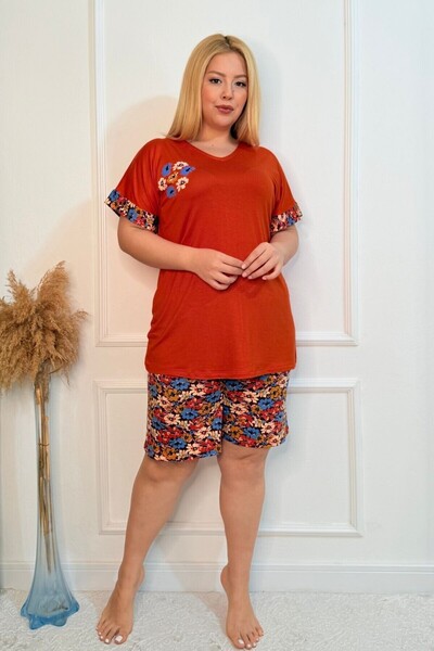 tarzımsüper Plus Size Comfort Sleepwear Set with Bottom Top Shorts Patterned Double Cotton 2-Piece Bottom-Top Suit