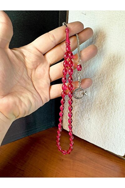 Anemore Collection مسبحة كهرمان النار باللون الأحمر باللون البيج T-197