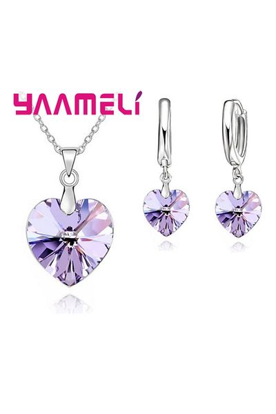Choice Purple Love Heart Shape Women 925 Sterling Silver Color Bridal Jewelry Set For Wedding Fashion Cryst