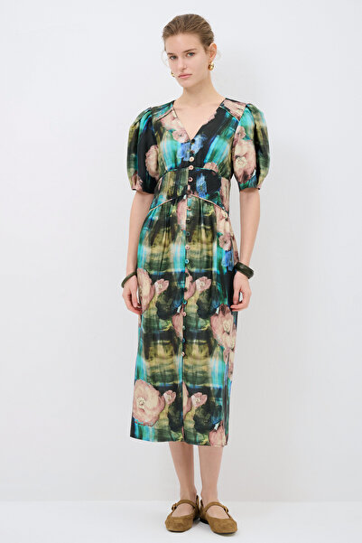 adL Desenli V Yaka Elbise