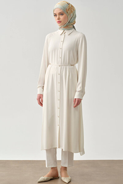 Tuğba Şifon Garnili Beli Kemerli Uzun Tunik - Ekru