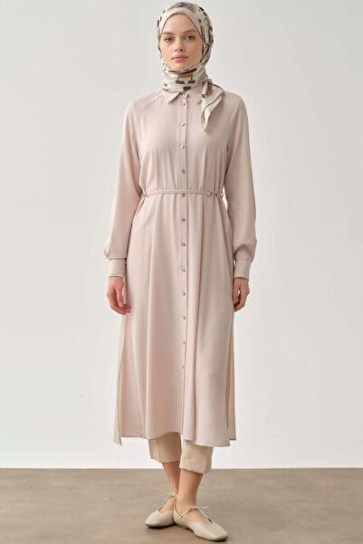 Tuğba Şifon Garnili Beli Kemerli Uzun Tunik - Bej