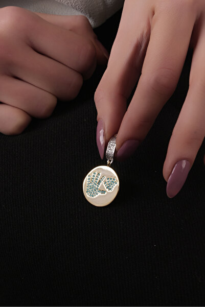 SUNSHINE 925 Ayar Gümüş, Gold ve Rodyum Kaplamalı Anne ve Bebek Eli Tasarım Mavi Taşlı Charm Kolye Ucu,