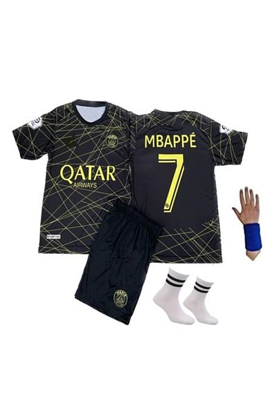 yenteks ДЕТСКА ФУТБОЛНА ФЛАНЕЛКА PSG MBAPPE ЗЛАТИСТ КОМПЛЕКТ ОТ 4 ЧАСТТА: Фланелка + ШОРТИ + ЧОРАПИ + ГИРЛА
