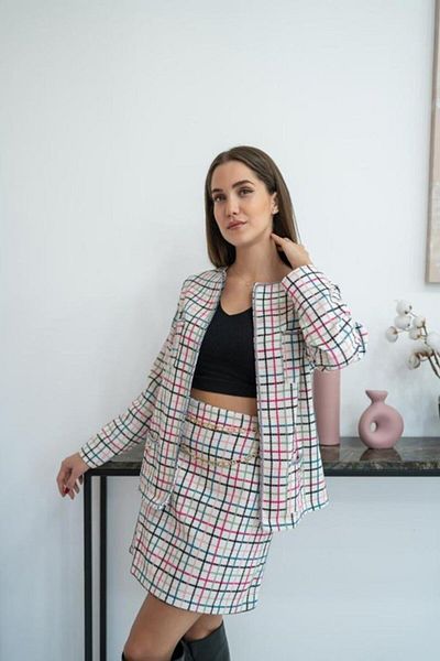 modaserdem White Open Front Jacket and Skirt Chain Suit