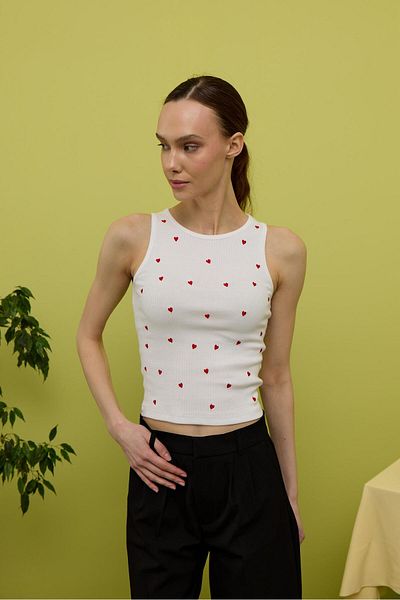 TUBİA Women's Red Heart Embroidered White Blouse