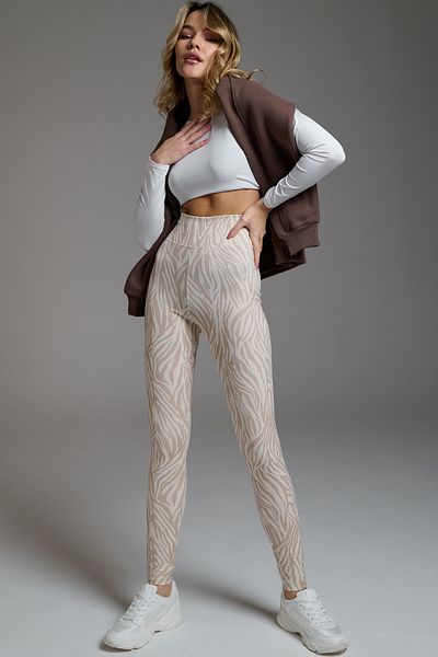 Moije Women's Zebra Patterned High Waist Slim Fit Lycra Push-Up Beige Cream Corduroy Trousers