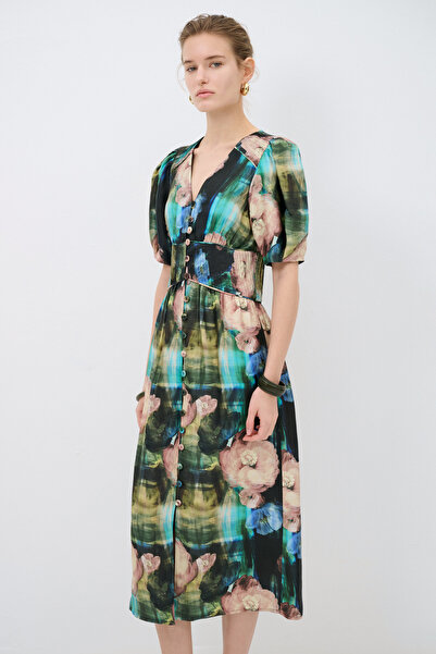 adL Desenli V Yaka Elbise