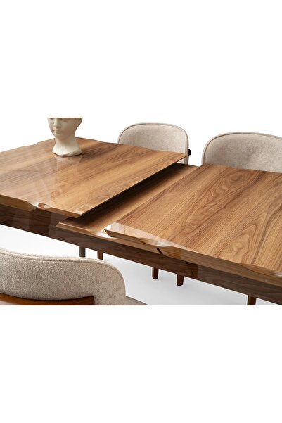 Evistro Ahşap Salon Yemek Masa Sandalye Takımı 4 Nergis Sandalyeli Ortadan Açılır Büyüyen Parlak Ceviz 90x16