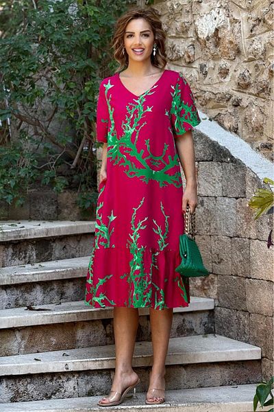 Nevin Kaya Moda Φούστα με λαιμόκοψη σε ροζ κοραλί με βολάν 100% βαμβακερό φόρεμα