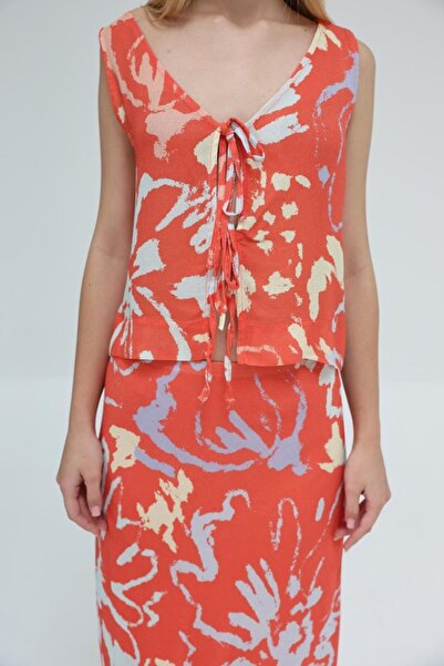 modaserdem Lace-up blouse skirt set - red