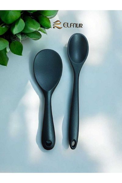 elfnur Silicone Long Spoon 28 cm and Short Spoon 22 cm / 2 Pieces Fireproof Non-Slip Cool