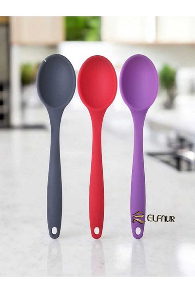 elfnur Large Size Fireproof Non-Stick Silicone Spoon Set 3 Pieces - Silicone Spoon 3 Colors Gray Red Purple