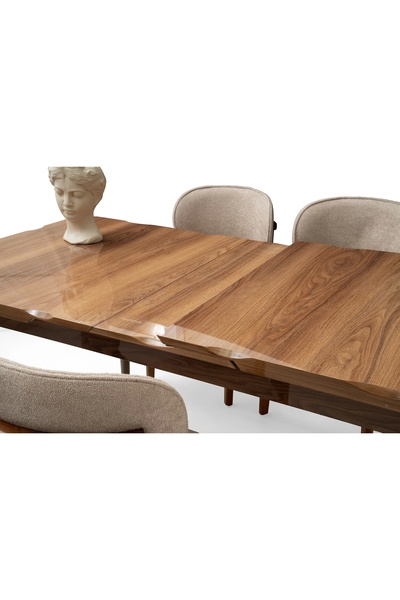 Evistro Ahşap Salon Yemek Masa Takımı 4 Porto Turuncu Sandalyeli Ortadan Açılır Büyüyen Parlak Ceviz 90x160c