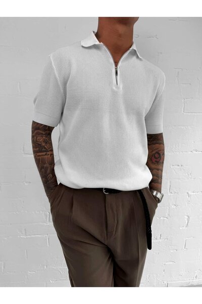 ablukaonline Ανδρικό πλεκτό μπλουζάκι με μισό φερμουάρ Polo γιακά Λευκό