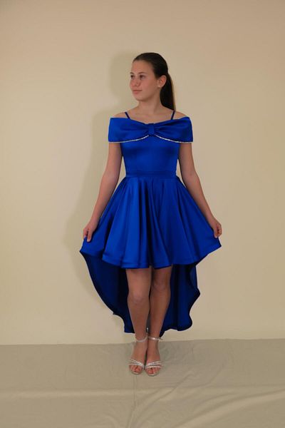 BUTİKHAPPYKİDS Girl's Evening Dress Sax Blue Satin Ribbon Collar Off Shoulder Strap Front Short Tailed Evening Dress 10-15 Y