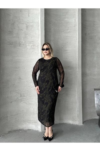 Stil Diva Plus Size Long Tulle Sleeve Lined Mesh Midi Dress 216292