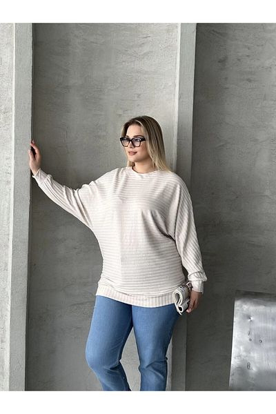 Stil Diva Plus Size Long Sleeve Elastic Waist Crew Neck Ribbed Sweater 615140