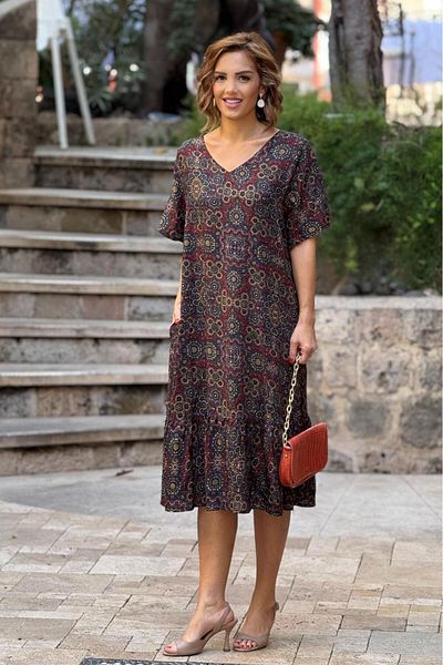 Nevin Kaya Moda Fusta cu decolteu în V cu modele condimente Rochie din bumbac 100% cu volane