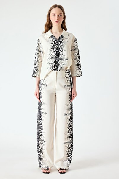 FEVER Zebra desenli dökümlü saten pantolon