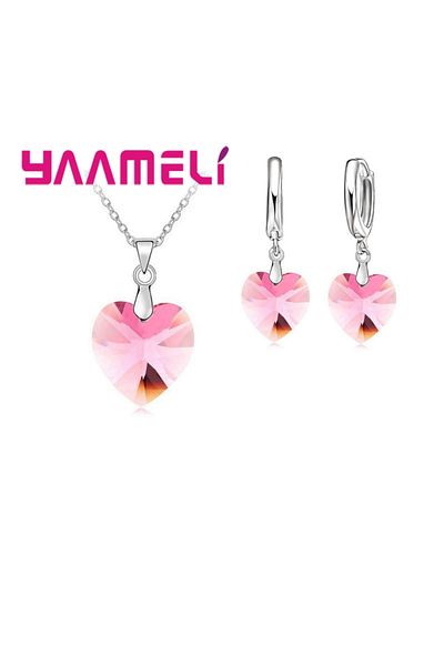 Choice Pink Love Heart Shape Women 925 Sterling Silver Color Bridal Jewelry Set For Wedding Fashion Crystal