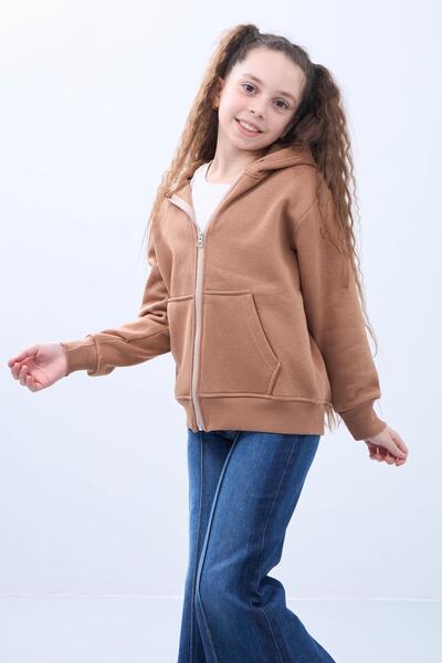 Perendi Unisex Children's Hooded Zipper Cardigan – Brown Comfortable and Stylish Casual Top