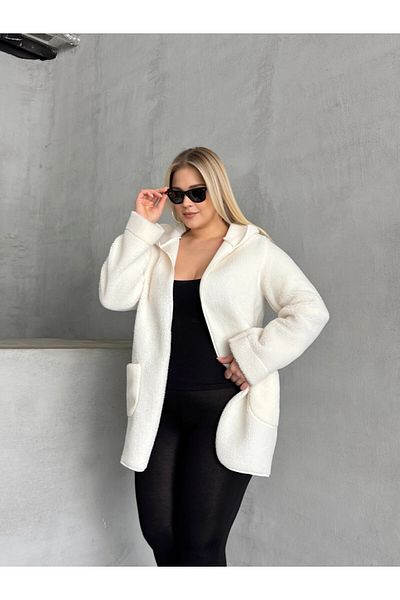 Stil Diva Large Size Front Closureless Pocket Hooded Thin Plush Jacket 301256