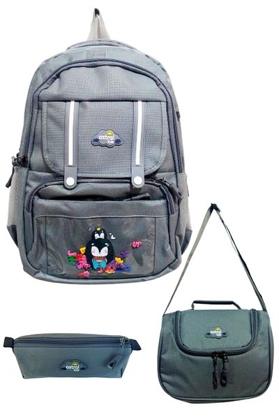 Glanart Geantă pentru școală primară cu căptușeală completă cu 5 ochi + nutriție termos + set de 3 suporturi pentru stilouri gri