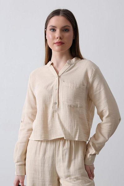 trend henna Beige Pocketed Judge Collar Blouse