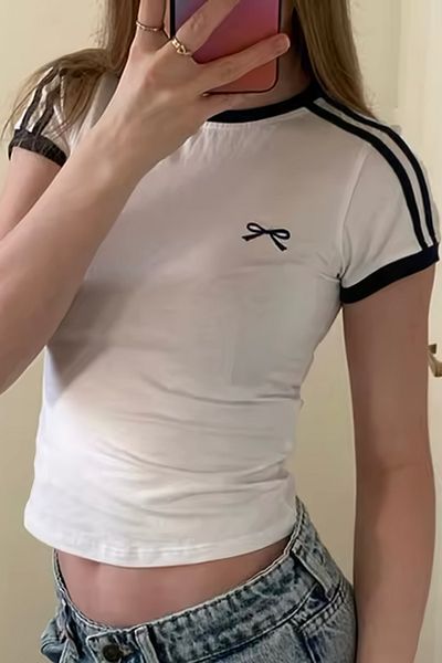 EFBUTİK White Black Sleeve Stripe Ribbon Detail Crop