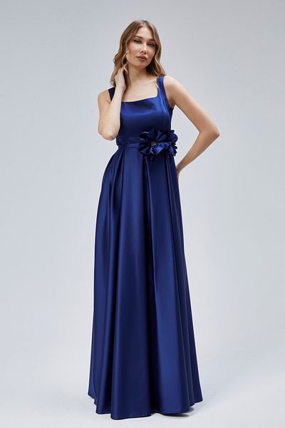 Asees Women's Evening Dresses and Homecoming Dresses Square Neck Pleated Satin Evening Dress with Flower Detail