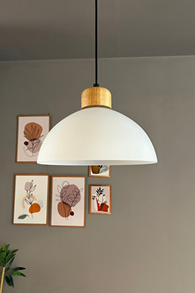 Bamyum Perry Cam Tekli Avize Geniş Ahşap Beyaz Başlık Retro Sarkıt Lamba Restoran Salon Aydınlatma