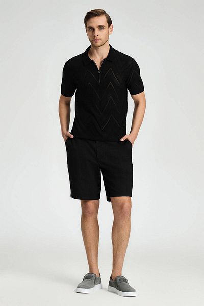 Hemington Zigzag Patterned Black Giza Cotton Knitwear Polo