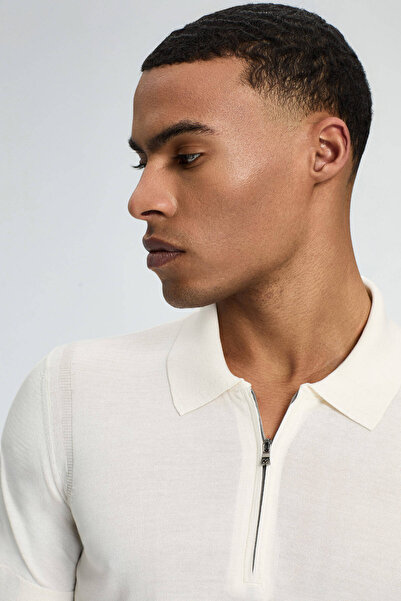 Hemington Silk Cotton Blend Zipper Detailed White Knitwear Polo