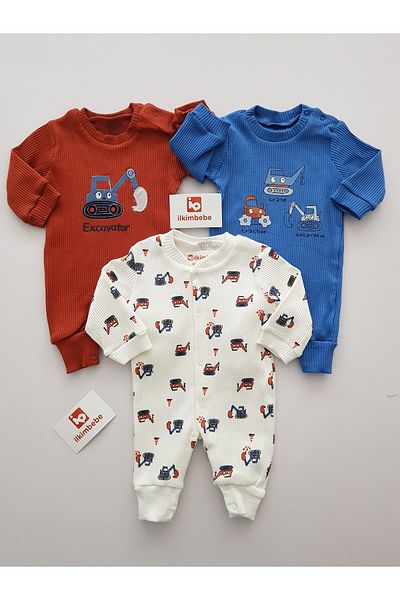 ilkimbebe Tractor Ribbed 3-Piece Baby Rompers, 100% Cotton,