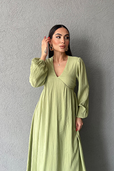 Seda Yalçın Atelier Green Seersucker V-Neck Long Dress