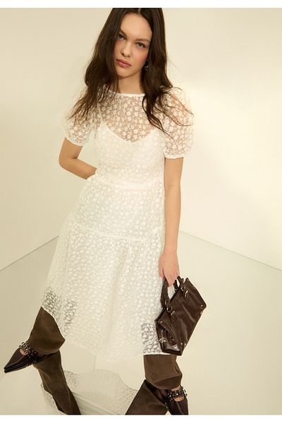 Stradivarius Midi Dress With Floral Embroidery Limited Edition