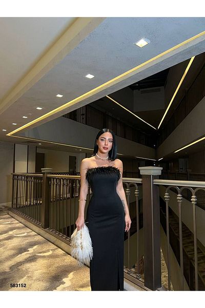 sarebutik Black Plush Feather Detailed Black Dress Slit Evening Dress