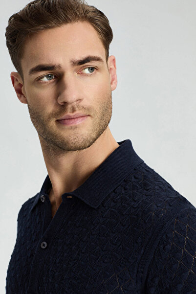 Hemington Ajur Örgü Detaylı Saf Pamuk Lacivert Triko Polo