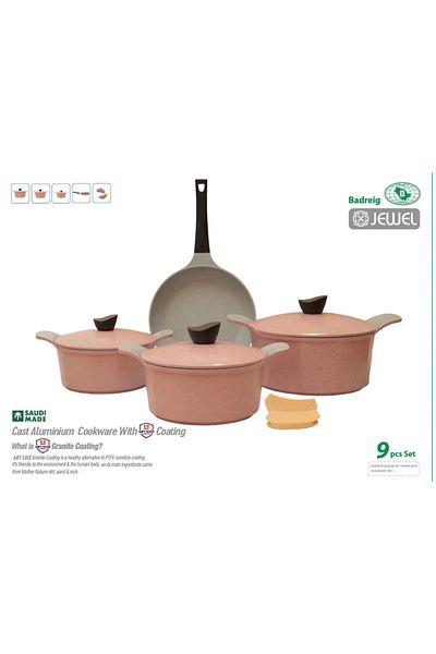 badreig Jewel 9 Piece Ceramic Coated Cookware Set PINK |Made in Saudi