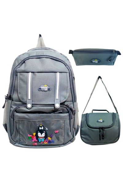 Glanart Geantă pentru școală primară cu căptușeală completă cu 5 ochi + nutriție termos + set de 3 suporturi pentru stilouri gri