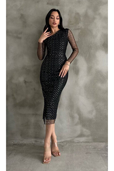 sarebutik Kadın Siyah Puantiye Detay Transparan Tül Kollu Astarlı Omzu Açık Drapeli Midi Abiye Elbise