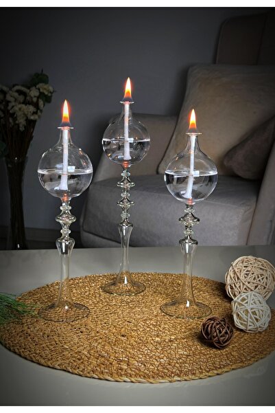 Shabbo Glass Ayaklı Drops Düğmeli Şamdan Cam Kandil 3'lü Set Kandil Yağı Ikli...