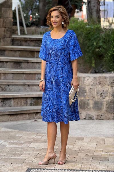 Nevin Kaya Moda Rochie Blue Leaf Boat Gât 100% Bumbac Vâscoză