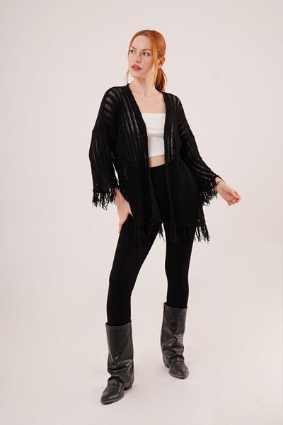 modaserdem Tassel Detailed Perforated Model Black Cardigan