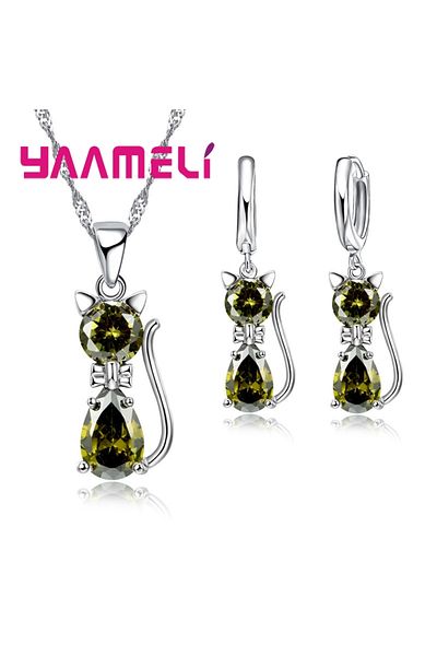Choice Green Real 925 Sterling Silver Color Jewelry Sets for Woman Girls Shining Austrian Crystal Cute Cat