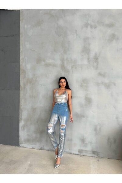 TUA MODA Tua Moda Knee Ripped Mom Jeans - Silver
